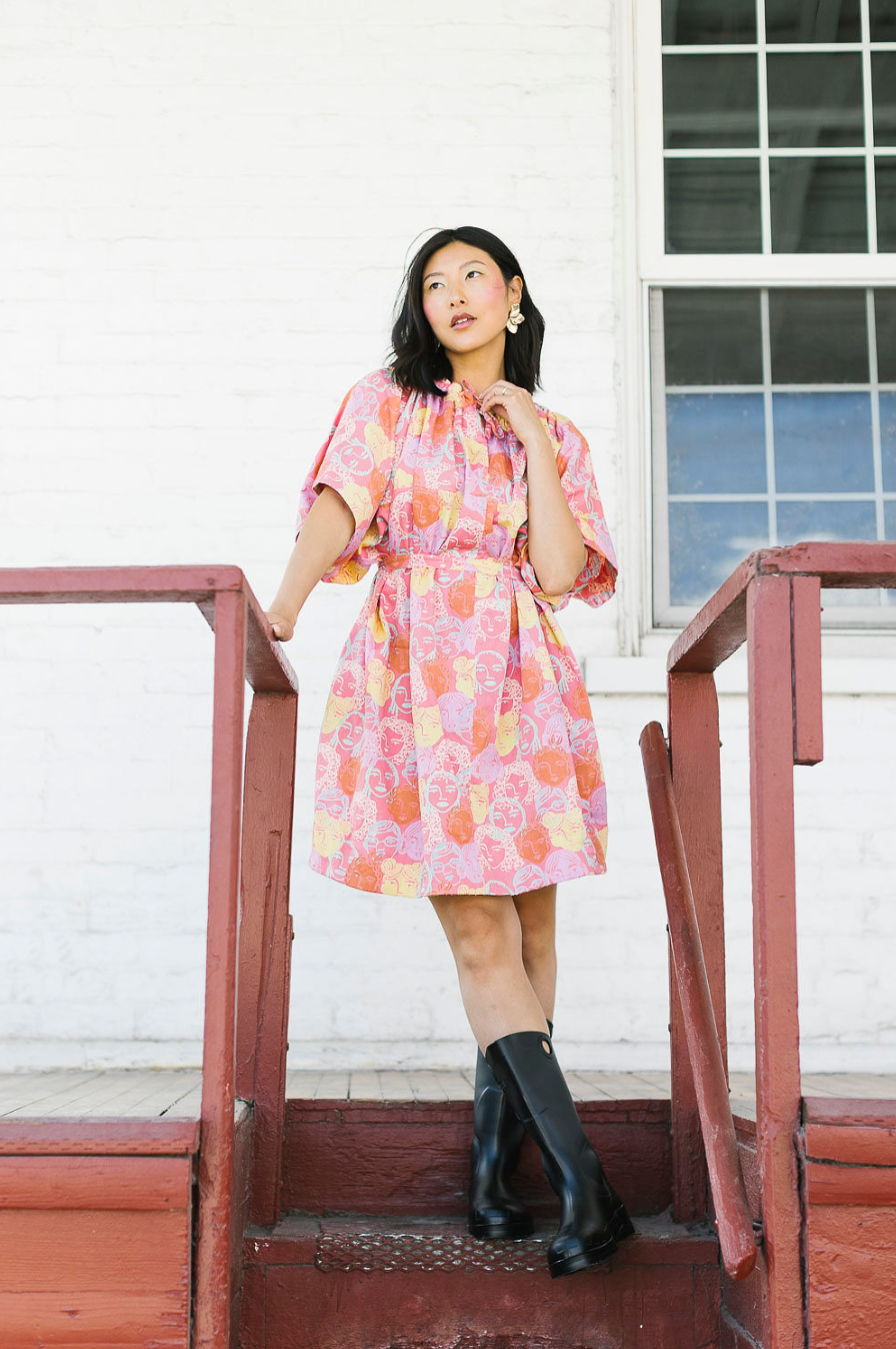 Rhonda Summer Dress in Red Floral Faces | Gathered neckline – My