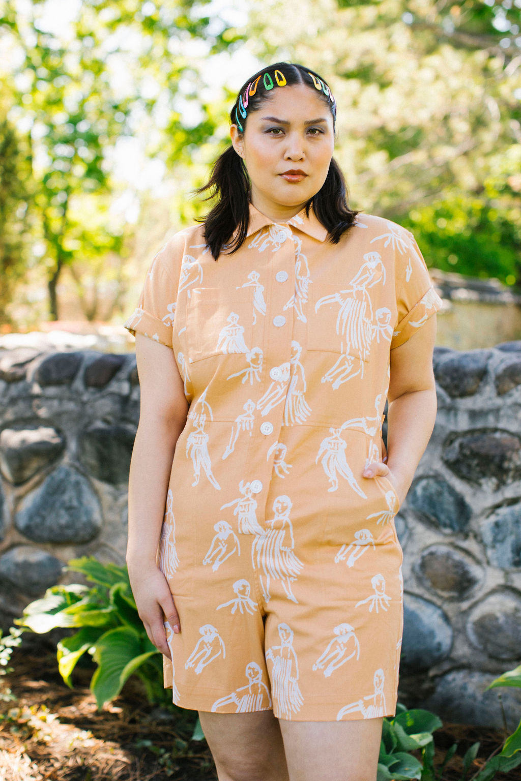 Apricot Dancing People Romper | Shortalls | Shorts Jumpsuit