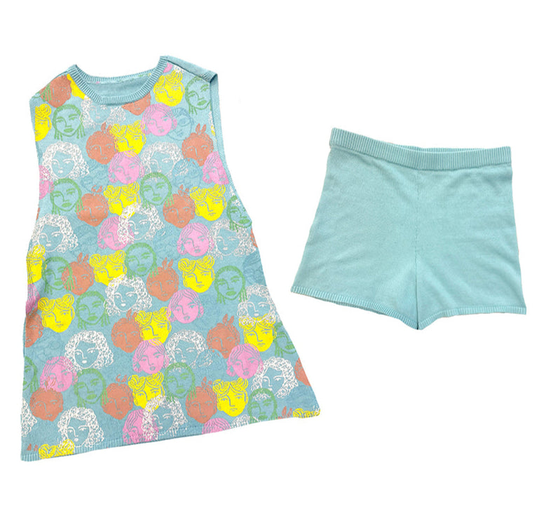 midi dress with shorts Brenda Knit Two-Piece Set- Light Blue Floral