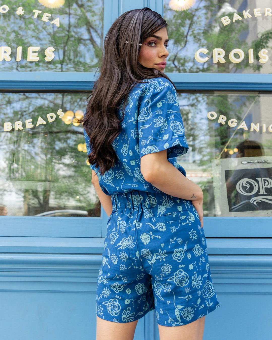 New! Porto Two Piece Shorts & Button Up Set - Blue Floral Print